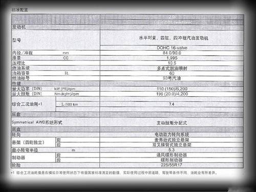 斯巴鲁XV参数配置