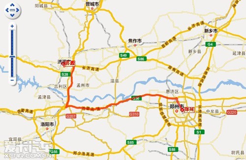 过黄河桥,沿老107国道向北,上郑焦晋(s86)高速公路向西行驶,在宁郭